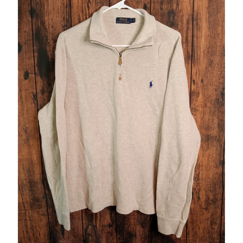 Polo Ralph Lauren Mens Large Oatmeal Beige Cotton 1/4 Zip Pullover Sweater L